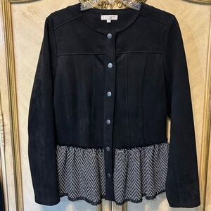 Solitaire Black & White Faux Suede Peplum Front Snap Fringe Trim Jacket